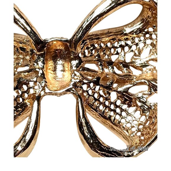 RARE Vintage 70s Gold Tone Bow Necklace Chunky Choker Rhinestone Pearls Filigree - Picture 8 of 9